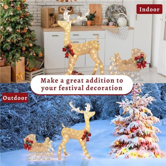 Christmas Lighted Reindeer and Sleigh Decor,Outdoor  Decor Set w/ 200 LED Lights - Picture 4 of 7